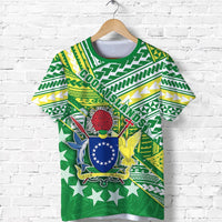 Green Cook Islands rugby T-shirt with front crest graphic and shield, short sleeves