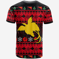 Back view red and black Christmas T-shirt with bird graphic, snowflakes, and flags