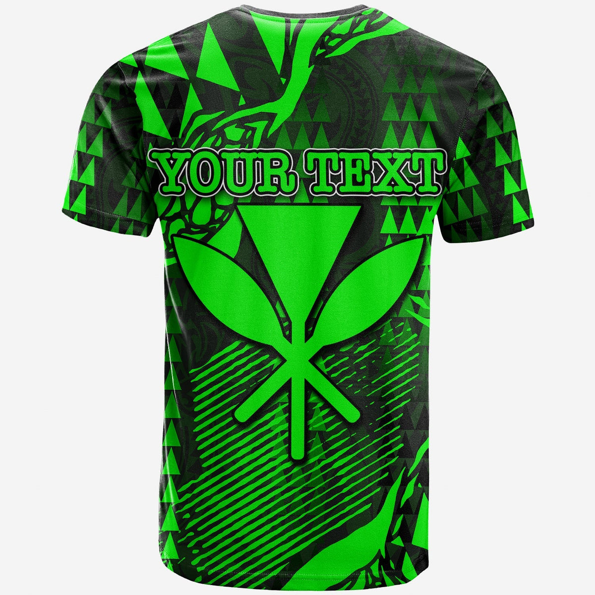 Green Kanaka map T-shirt back with 'YOUR TEXT' and tribal turtle sunburst graphic.