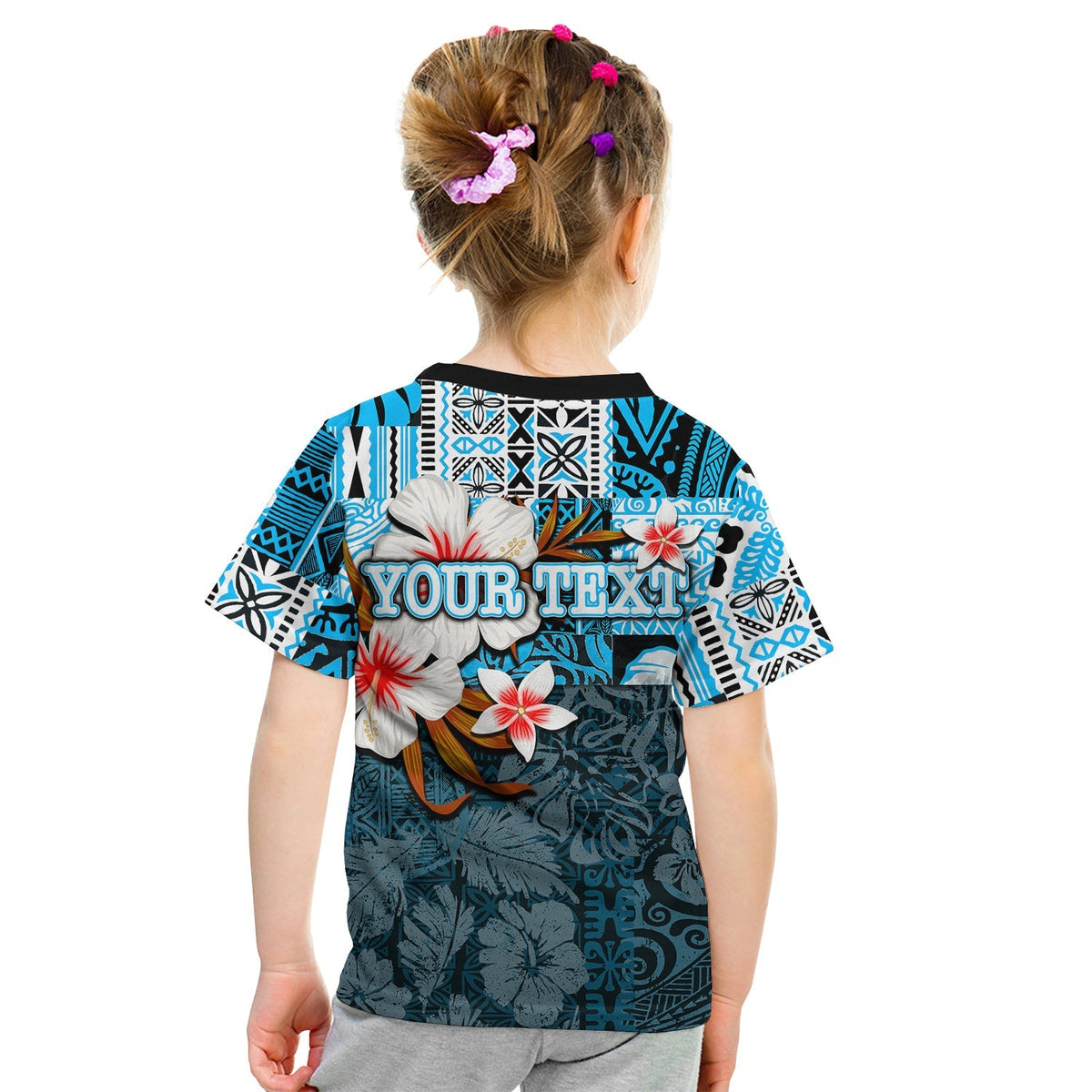 Kids blue T-shirt back with Polynesian pattern and “YOUR TEXT” custom banner