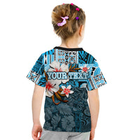 Kids blue T-shirt back with Polynesian pattern and “YOUR TEXT” custom banner