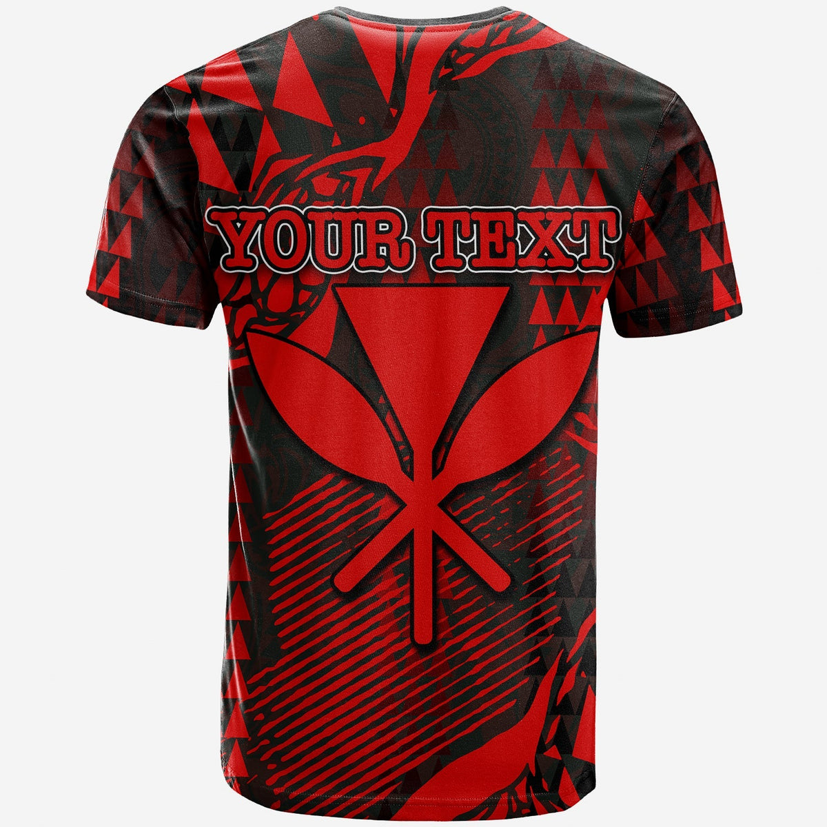 Hawaii Kanaka T-shirt back with 'YOUR TEXT' and red shield-like tribal symbol