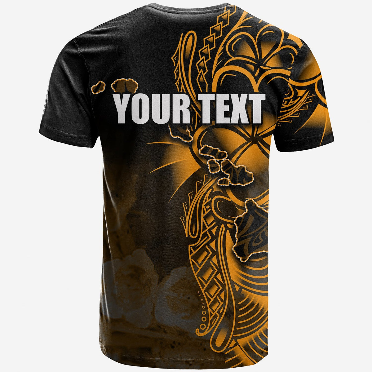 Custom Hawaiian Islands T Shirt, black with back 'YOUR TEXT' and map artwork