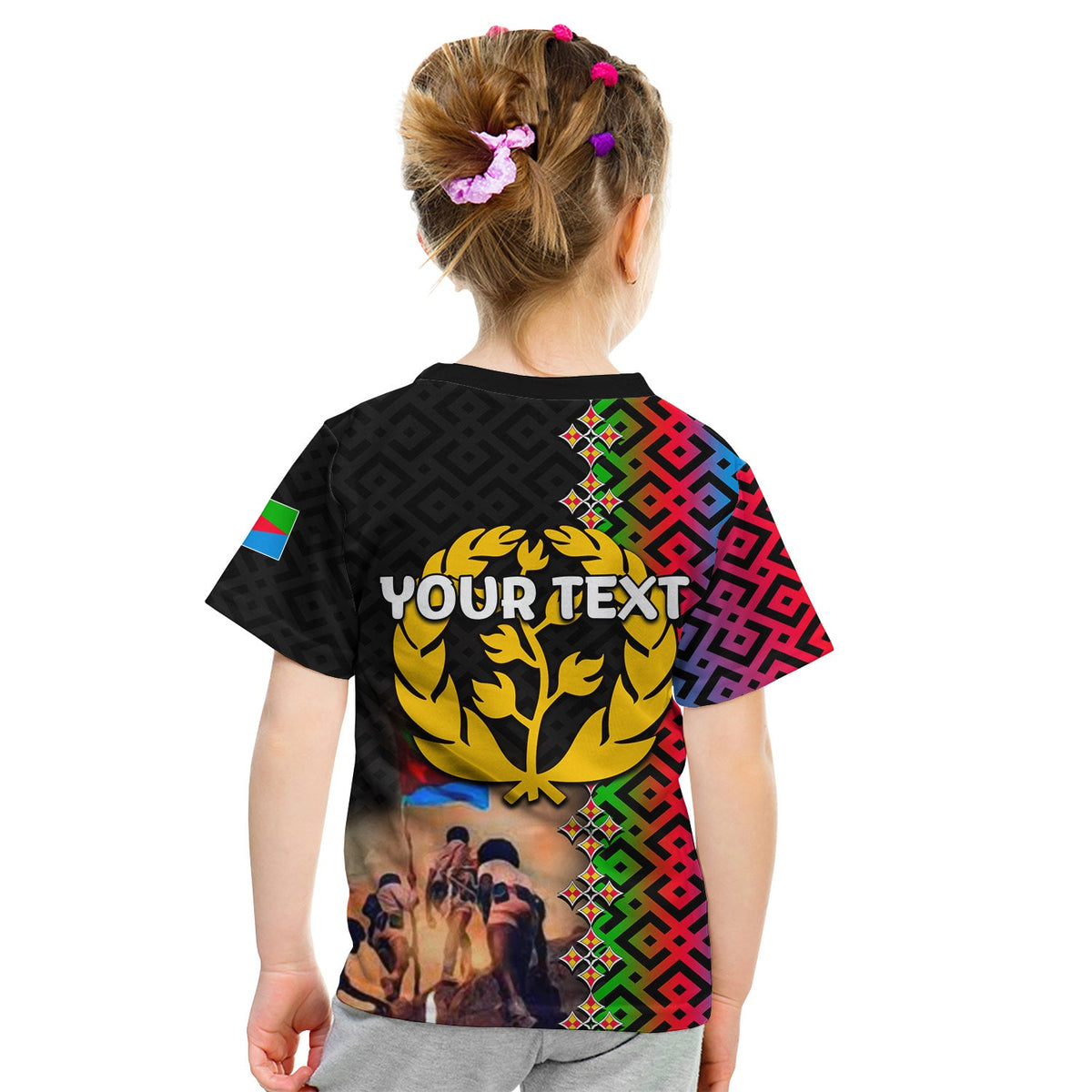 Kids black T-shirt: back “YOUR TEXT” over Eritrea emblem and crowd graphic