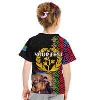 Kids black T-shirt: back “YOUR TEXT” over Eritrea emblem and crowd graphic
