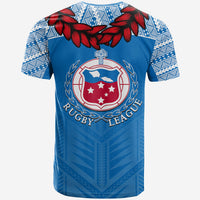 Blue rugby jersey T-shirt with Rugby League badge and red flower motif on back