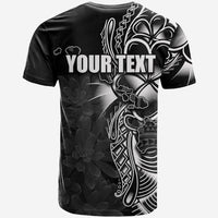 Black T-shirt with “YOUR TEXT” on front and Hawaii-style island floral art