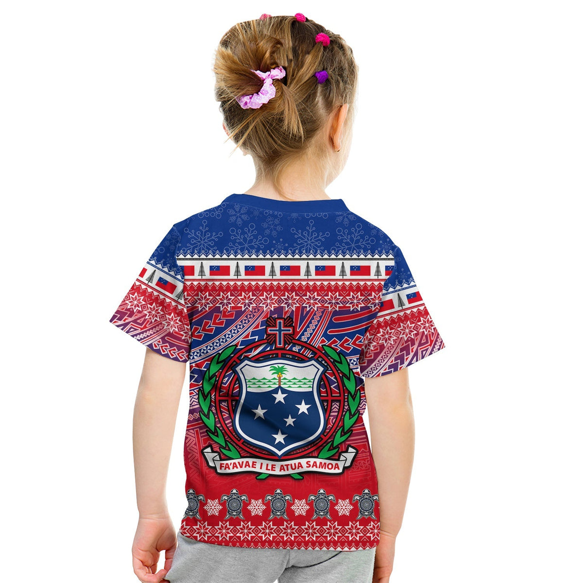 Kids Samoa Christmas T-shirt back, red and blue pattern with crest and text