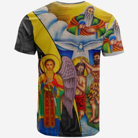 Ethiopian Bible T-shirt front print of St. George with winged figure, black sides