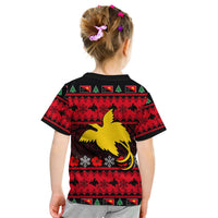 Kids red Christmas T-shirt back view with yellow bird and tropical holiday pattern