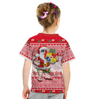 Kid's red Christmas T-shirt back: Santa with cartoon shield, holiday knit pattern