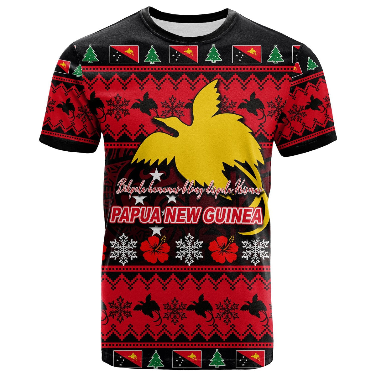 Red and black Christmas T-shirt with bird, flags, trees, and tropical patterns