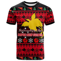 Red and black Christmas T-shirt with bird, flags, trees, and tropical patterns