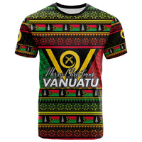 Black Vanuatu Christmas T-shirt with colorful holiday pattern and 'Merry Christmas' graphic