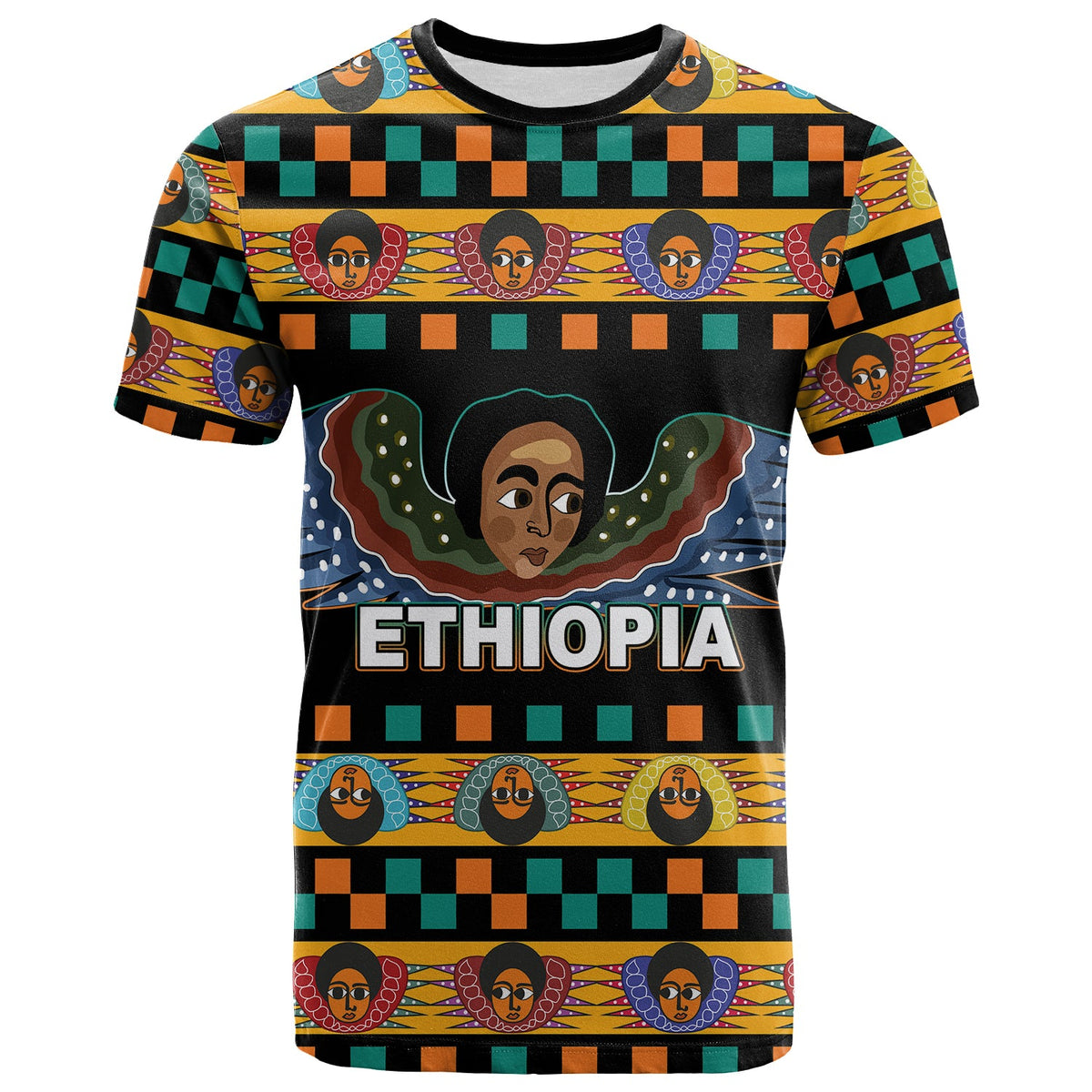 Black Ethiopia T-shirt with angel faces and ETHIOPIA text