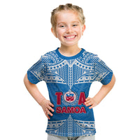 Kids rugby T-shirt, blue with tribal pattern and large front TOA SAMOA graphic