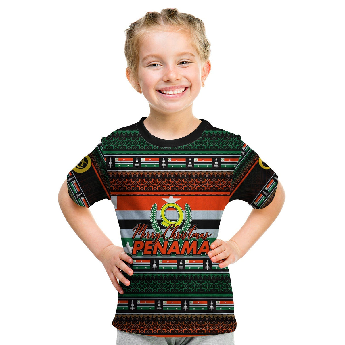 Kids dark T-shirt with “Merry Christmas Penama” front graphic and colorful patterned bands