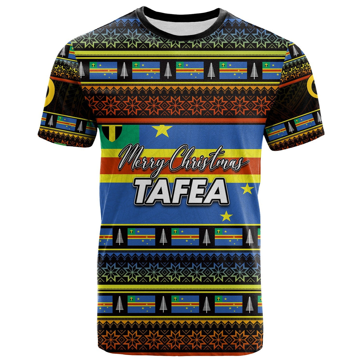 Black T-shirt with Merry Christmas Tafea print and Vanuatu flag pattern