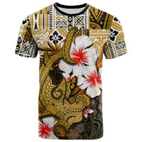 Gold T-shirt with Polynesian hammerhead shark graphic and white hibiscus flowers
