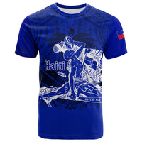 Blue crew neck T-shirt with Haiti graphic and Polynesian pattern, short sleeves