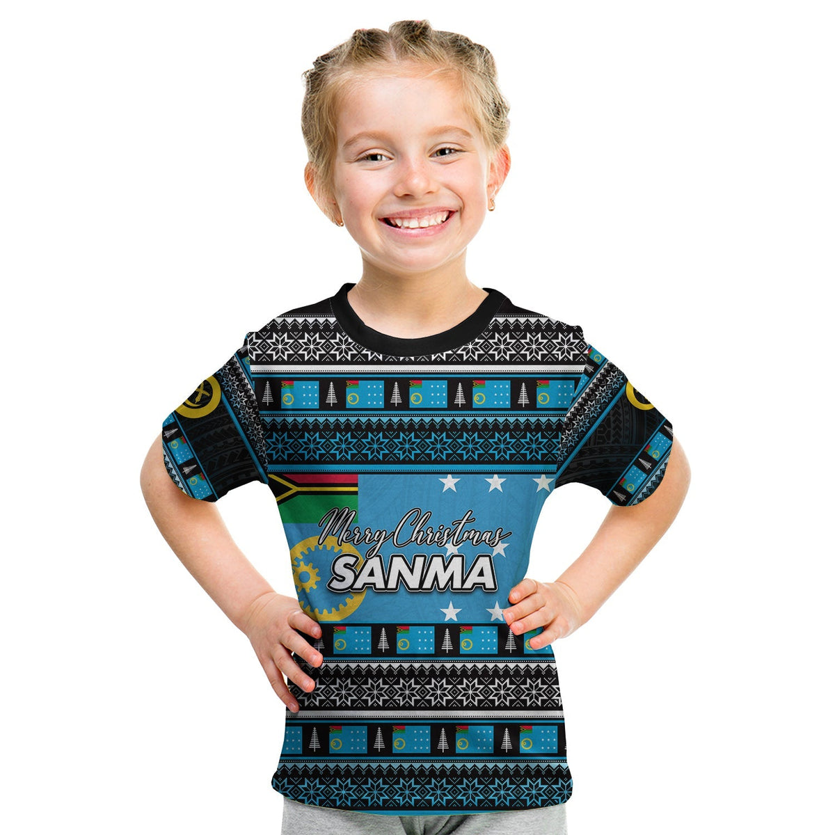 Kids black T-shirt with blue “Merry Christmas Sanma” front graphic