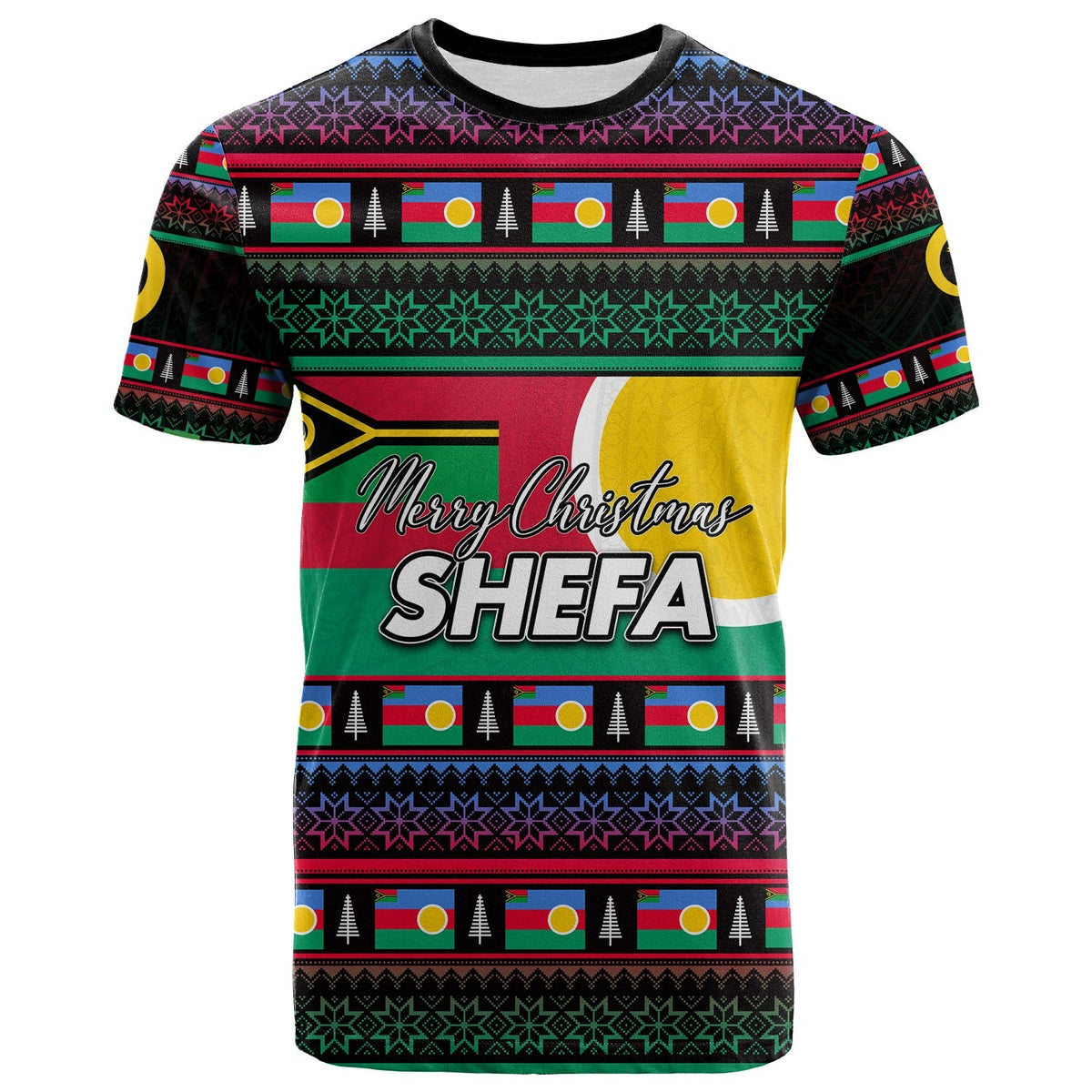 Dark T-shirt with Merry Christmas Shefa graphic and Vanuatu flag-style stripes