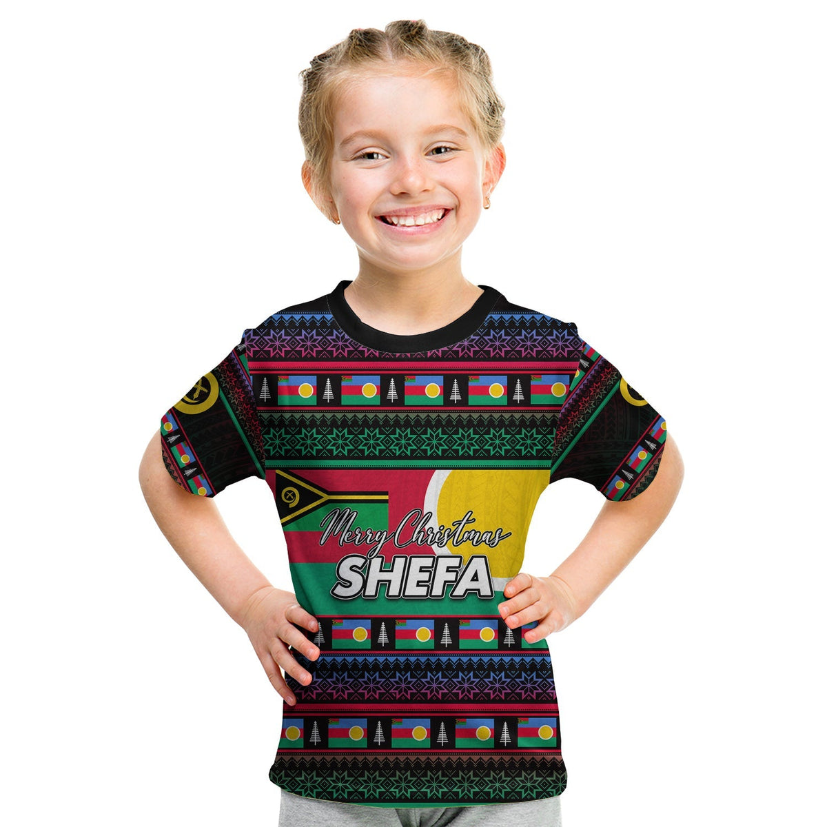Kids T-shirt, black with colorful Christmas Shefa “Merry Christmas” and “SHEFA” print