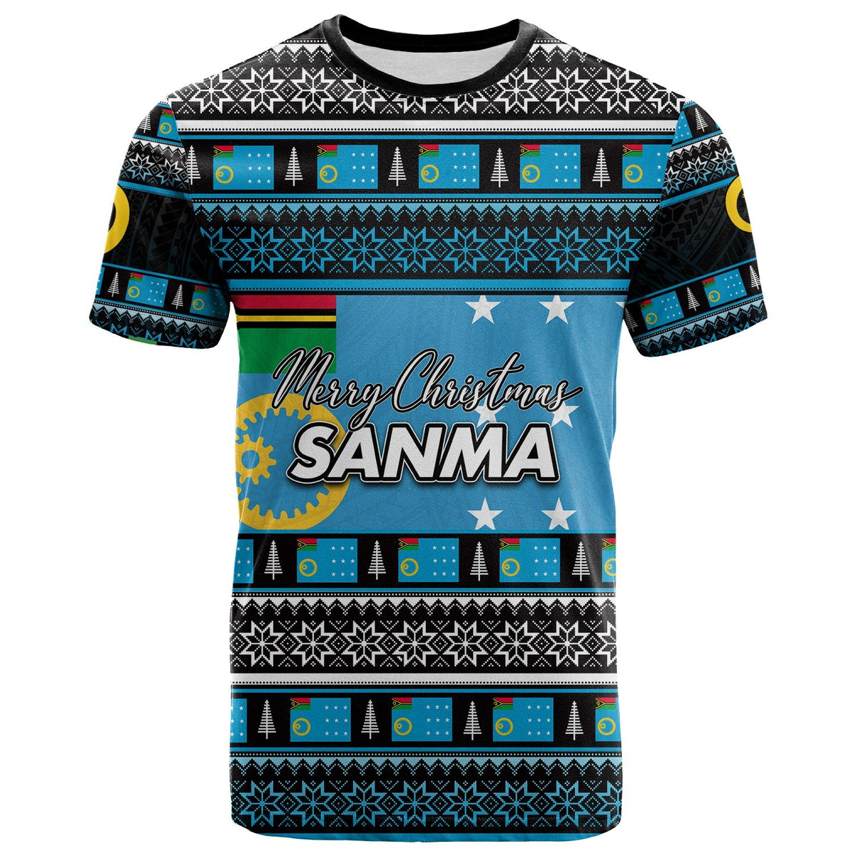 Blue Christmas-themed T-shirt with “Merry Christmas SANMA” front graphic and patterned trim