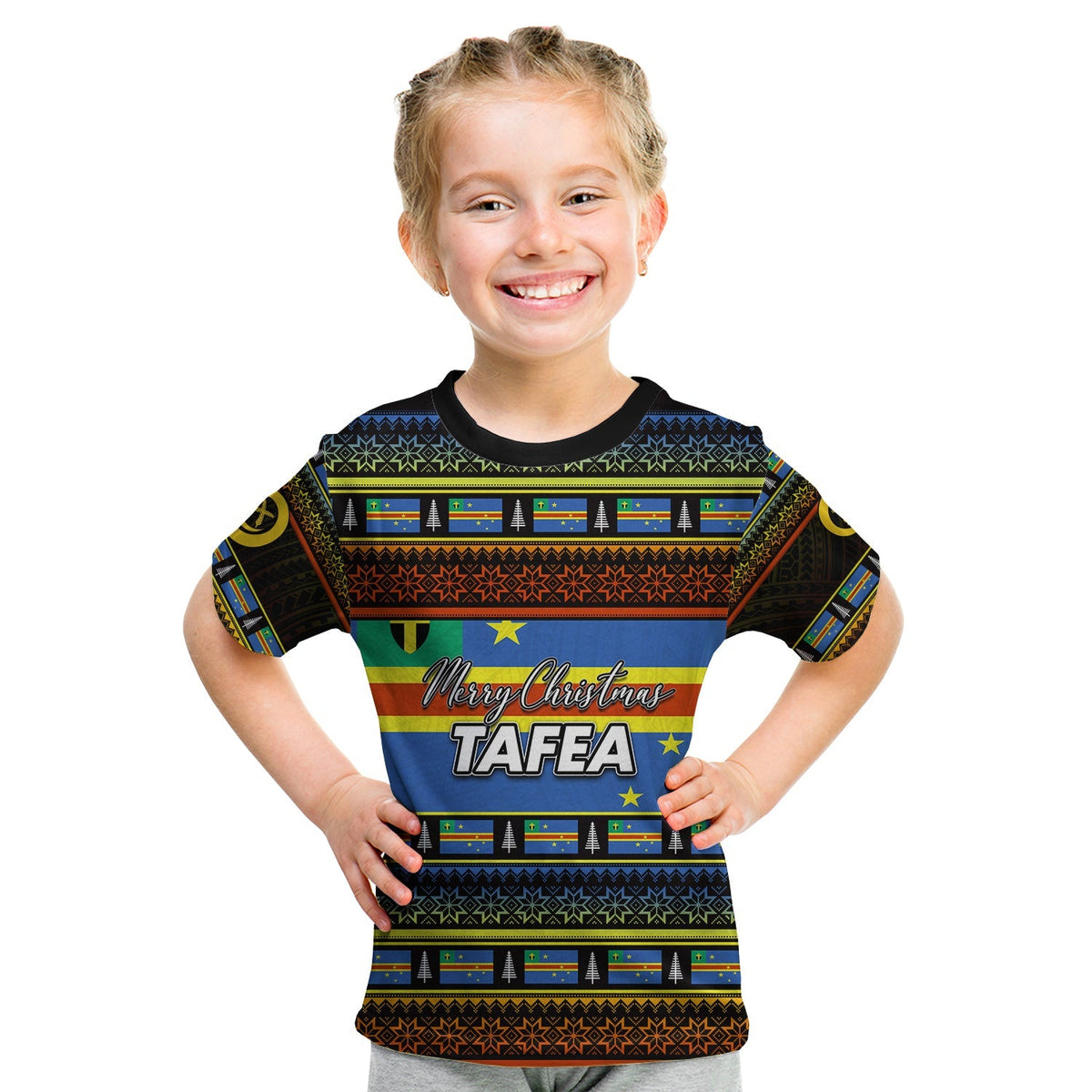 Kids Christmas graphic T-shirt, black front with Merry Christmas and TAFEA text