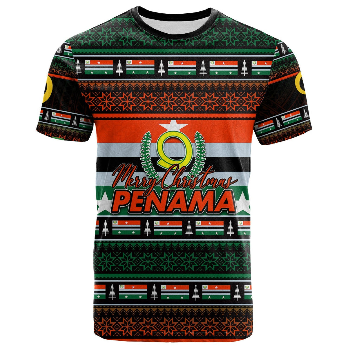 Dark short-sleeve T-shirt with Penama festive graphic, flags, trees and Merry Christmas text