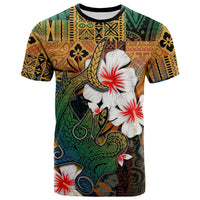 Multicolor Polynesian hammerhead shark T-shirt with white hibiscus flowers