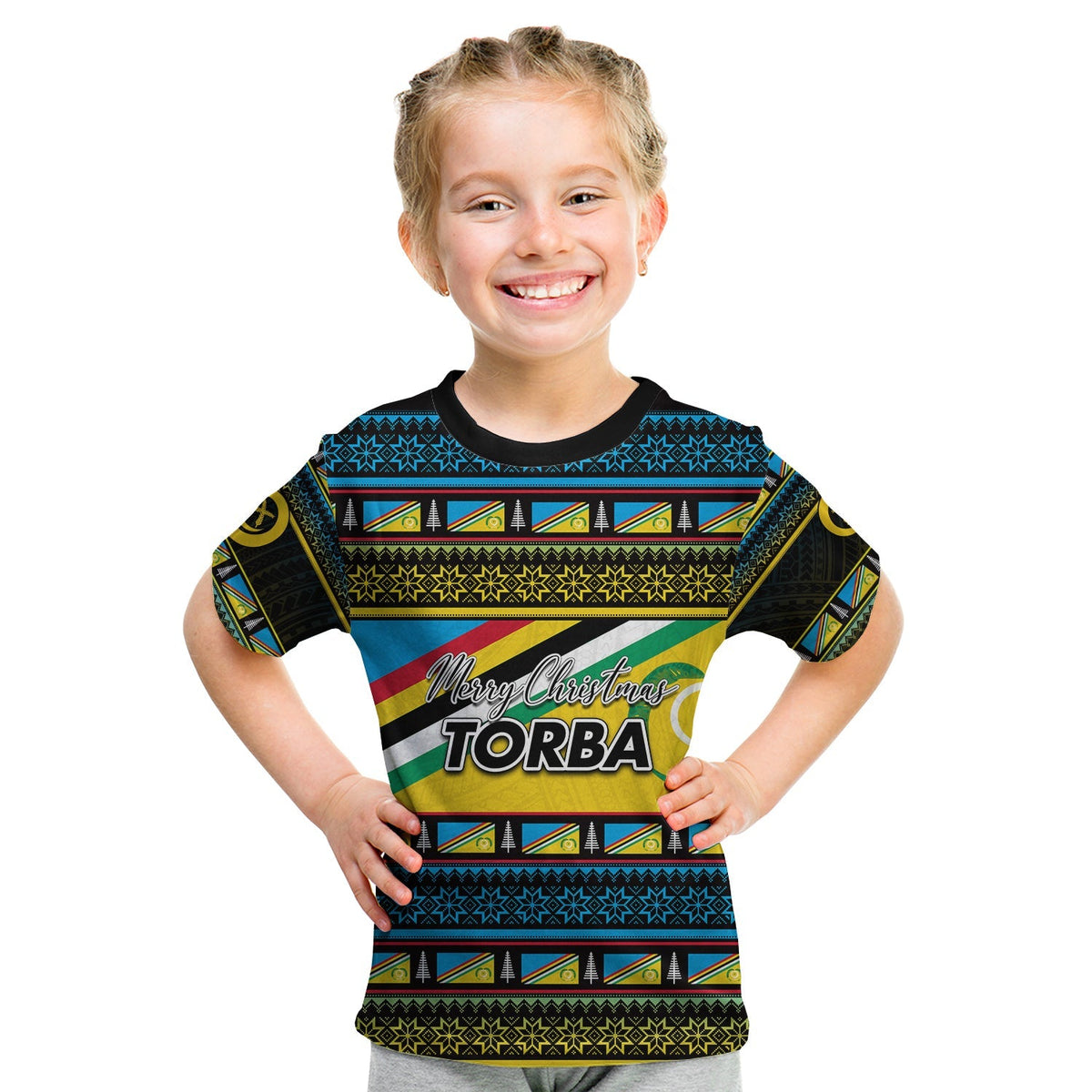 Kids Torba T-shirt: dark crewneck with 'Merry Christmas TORBA' front graphic