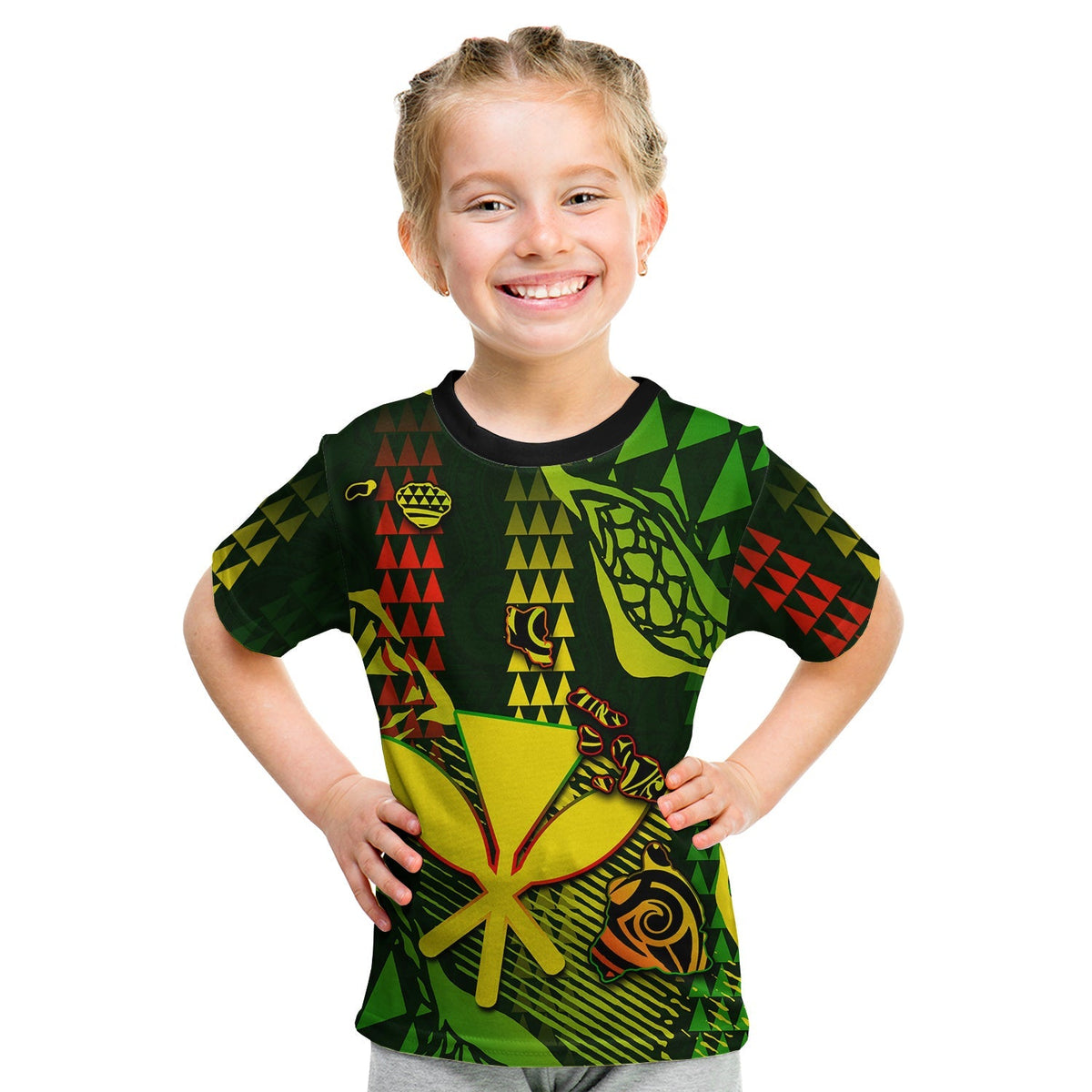 Kids T-shirt with Hawaii Kanaka map design, black base, front graphic in green/yellow