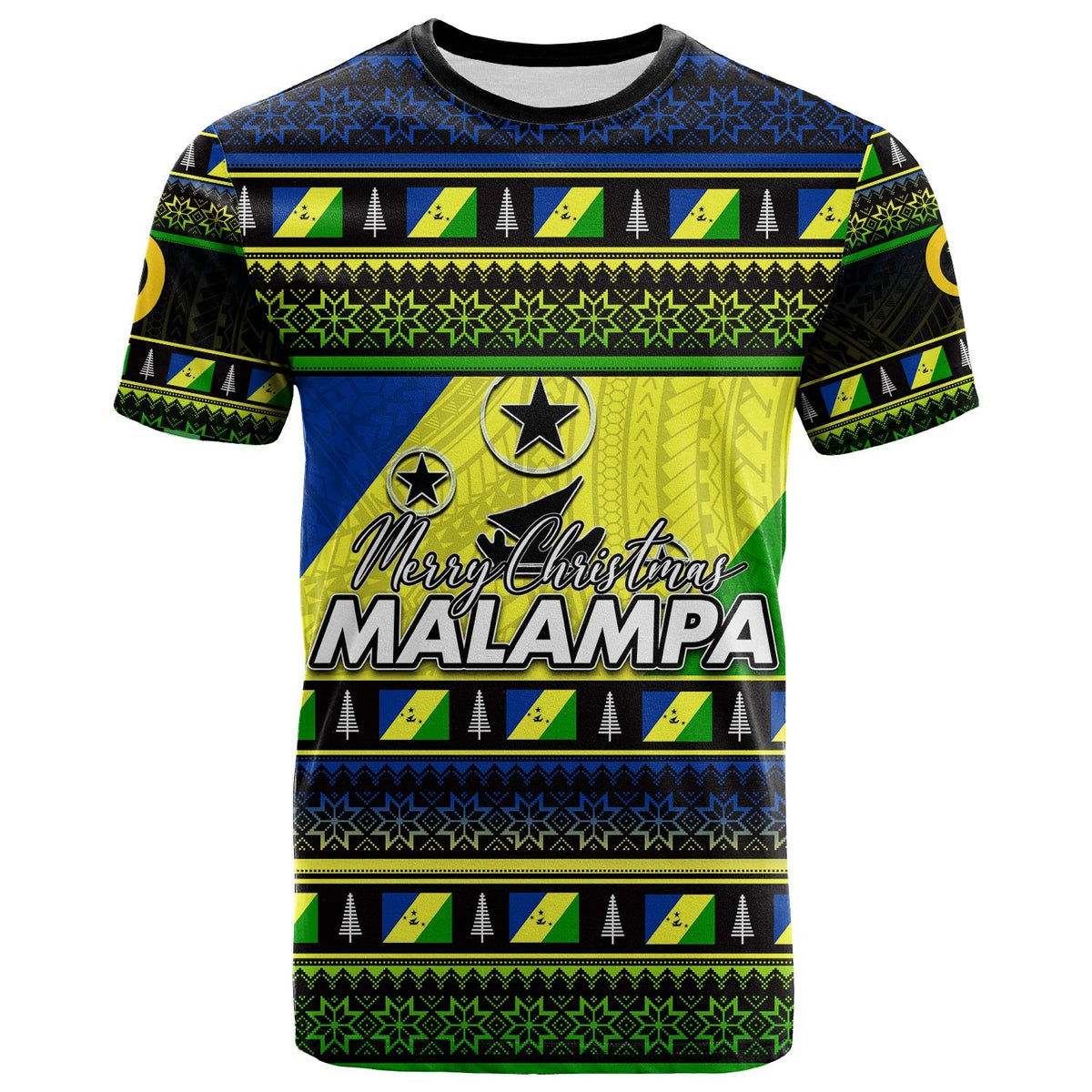 Black Christmas T-shirt with green tree pattern and large 'Malampa' front print