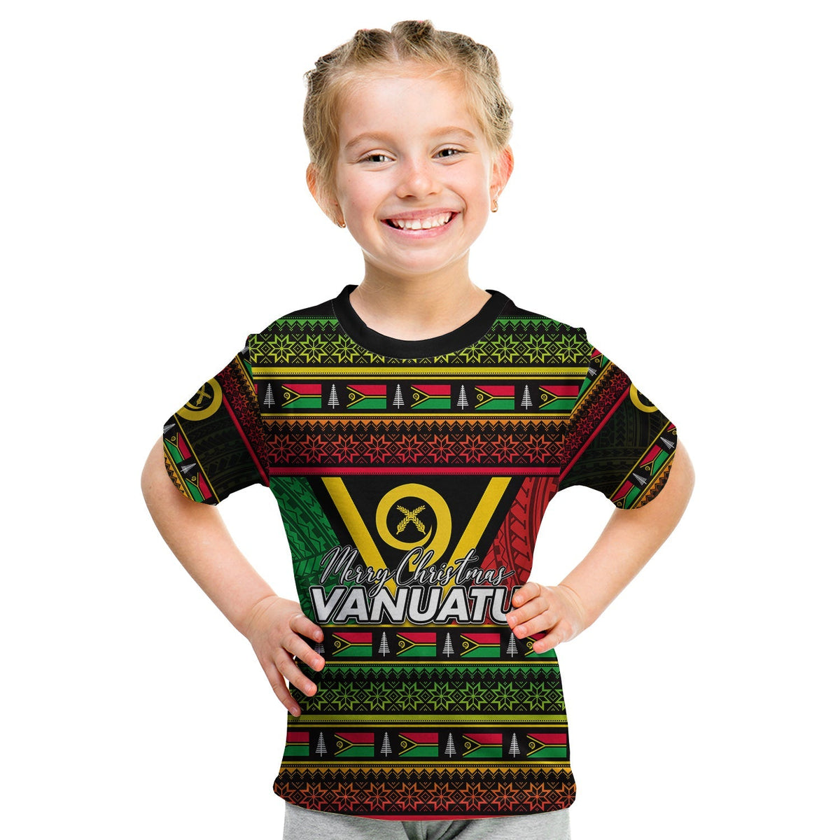 Kids black T-shirt: Merry Christmas Vanuatu colorful geometric stripe print
