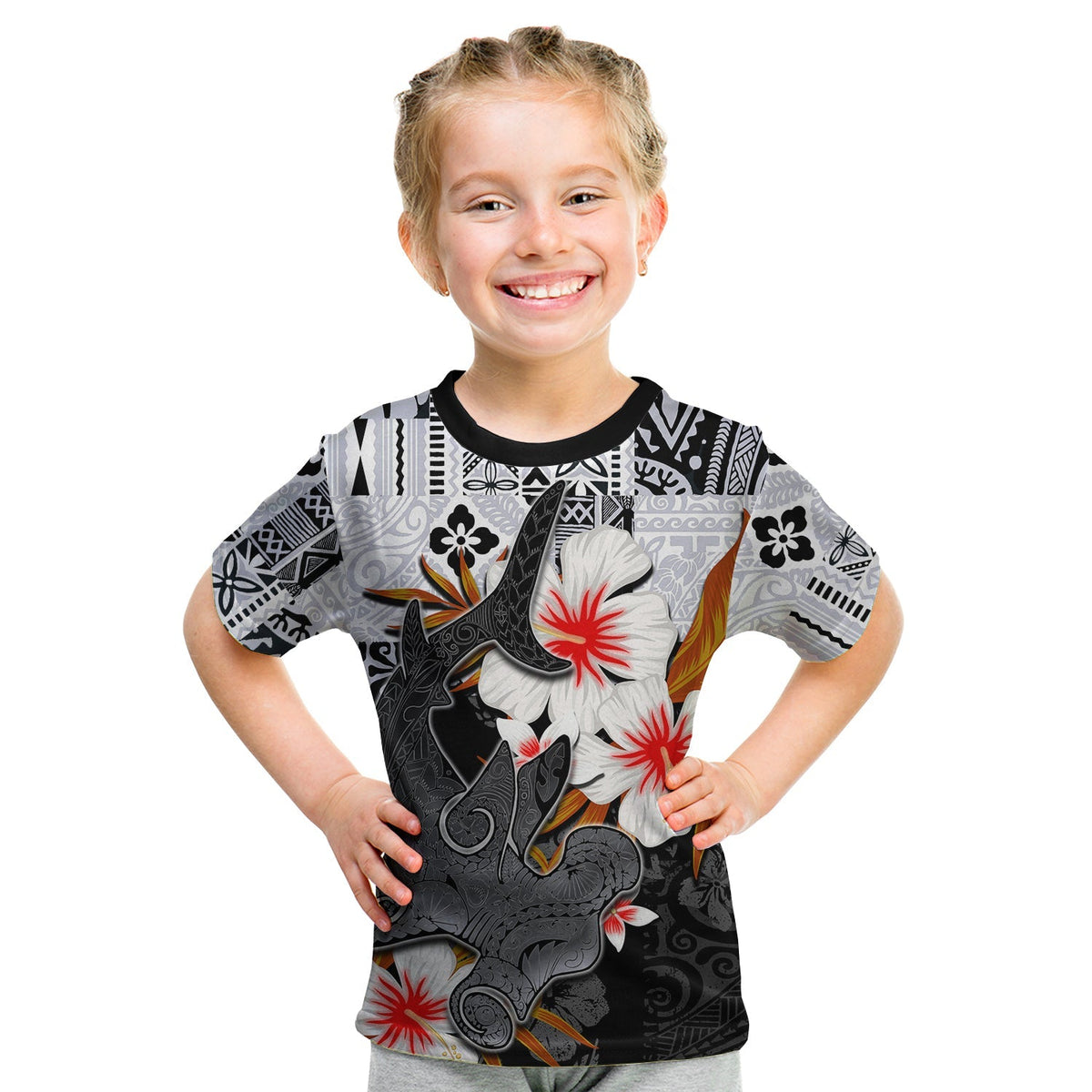 Kids white T-shirt with black Polynesian hammerhead shark and hibiscus graphic, front view