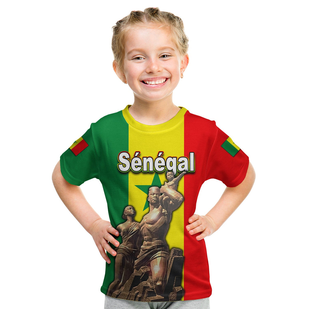 Kids Senegal T-shirt with flag print and 'Sénégal' over monument graphic