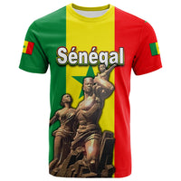Red yellow green Senegal flag T-shirt, front “Sénégal” text with monument figures