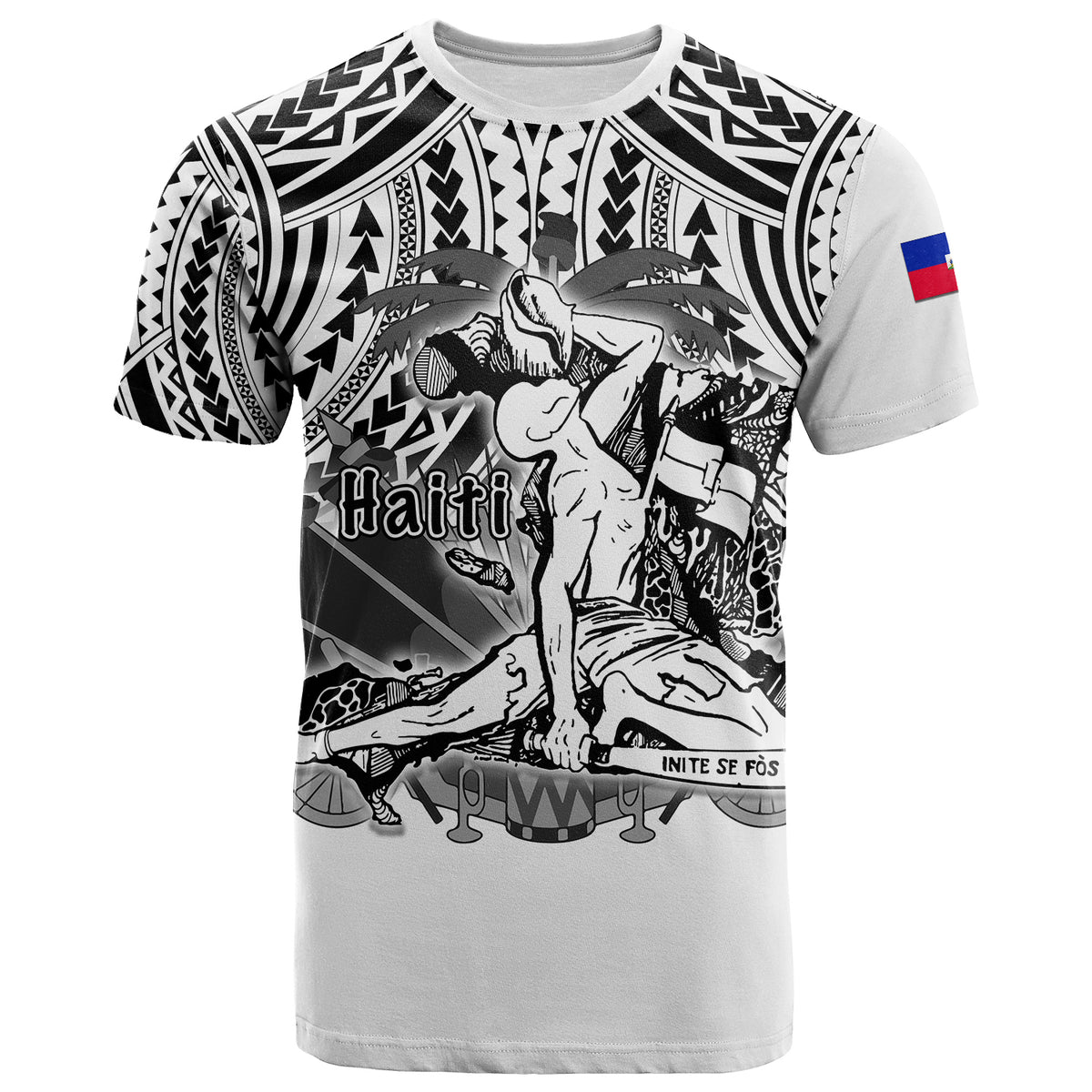 White crewneck T-shirt with Haiti front graphic, black-and-white Polynesian design
