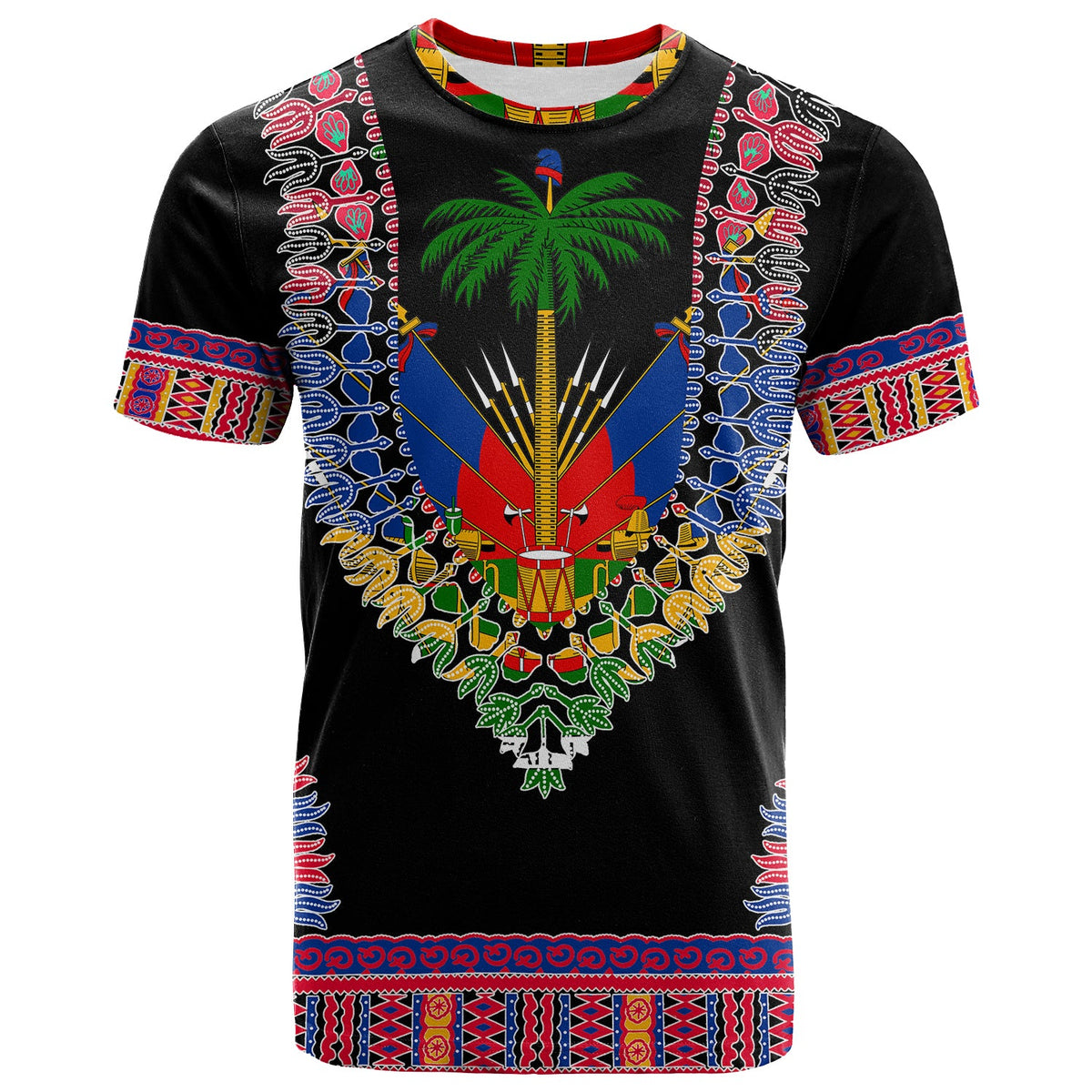 Black T-shirt with Haiti coat of arms dashiki mix print, front view