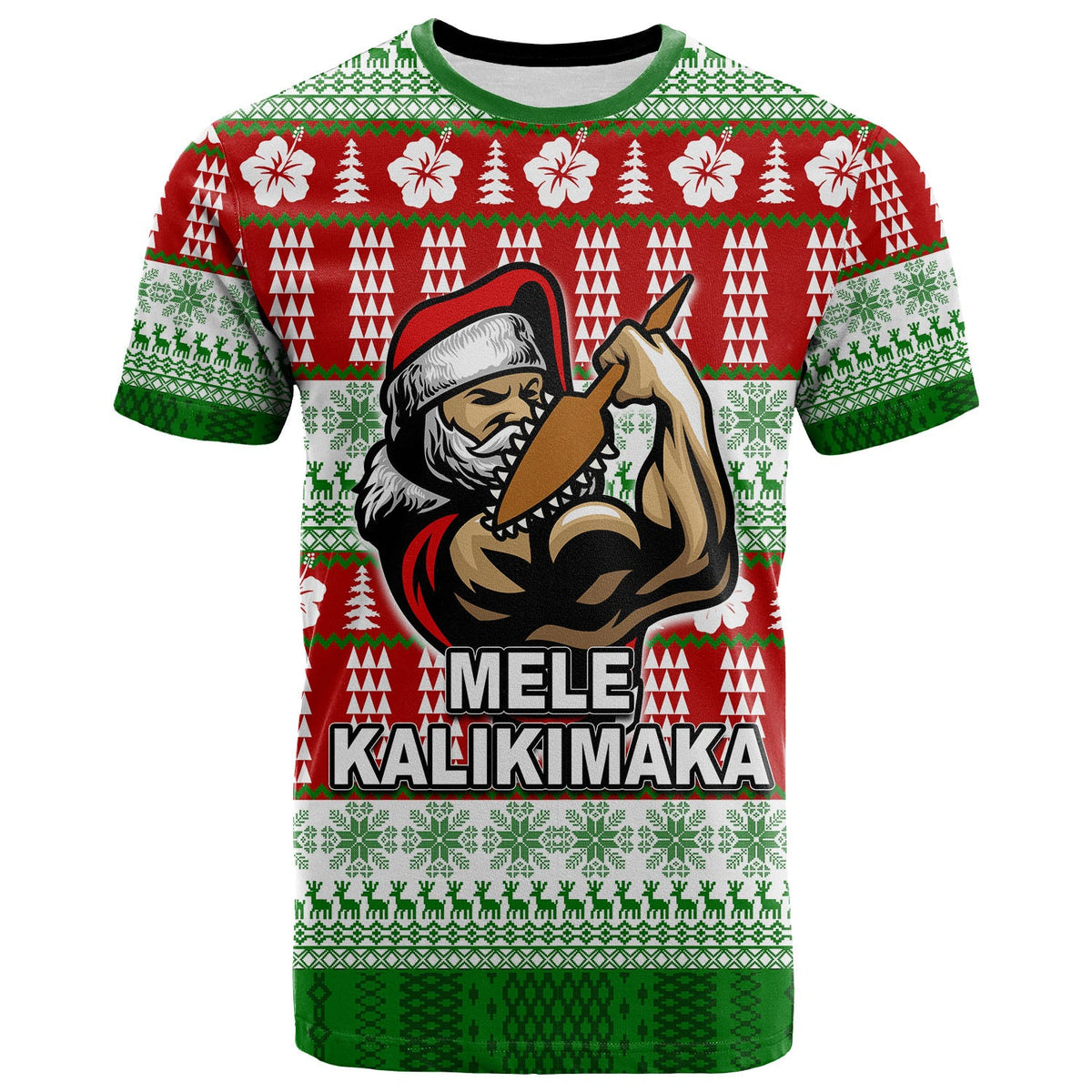 Red crewneck T-shirt with green trim, warrior Santa graphic and 'Mele Kalikimaka'