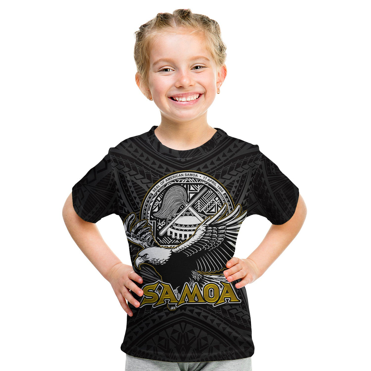 Kids black T-shirt with Samoa seal graphic and 'SAMOA' text on front