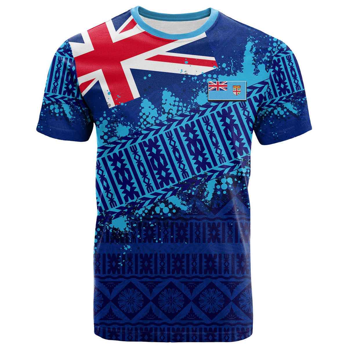 Blue graphic Fiji 52nd anniversary T-shirt with flag and patterned print