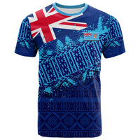 Blue graphic Fiji 52nd anniversary T-shirt with flag and patterned print