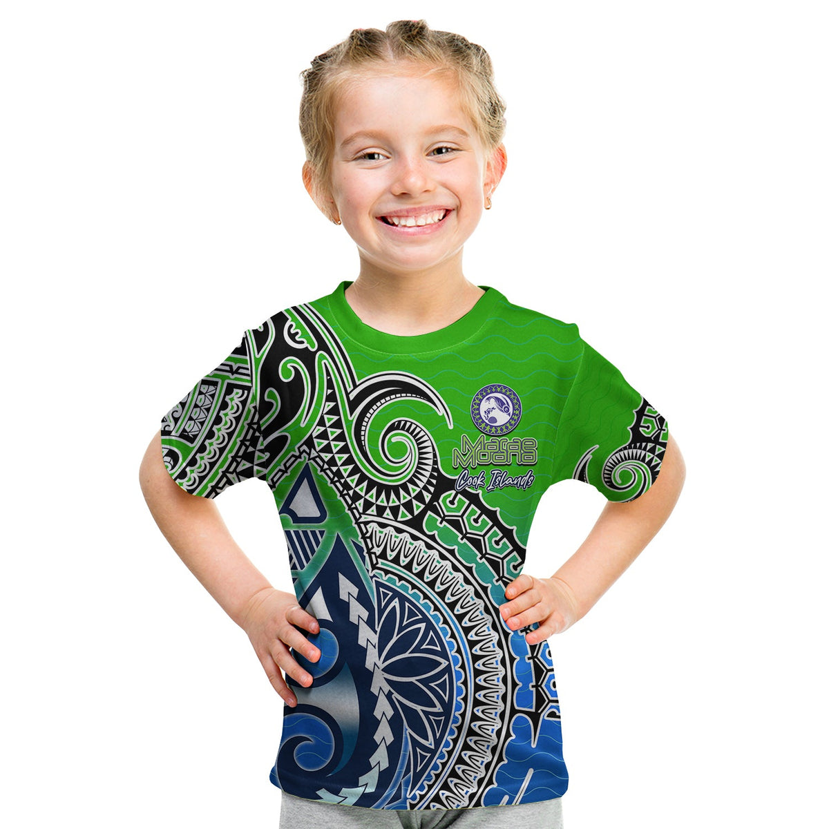 Kids green graphic t-shirt with blue sea-themed print and Marae Moana logo on front