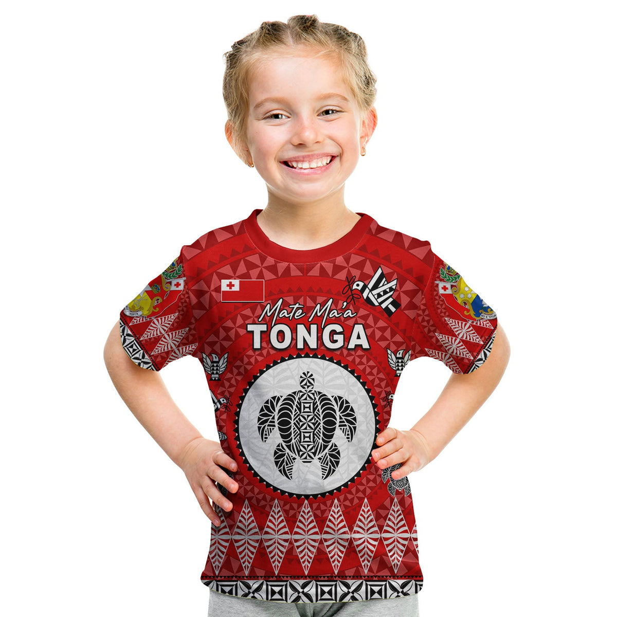 Kids red rugby T-shirt with Tonga front graphic, short sleeves