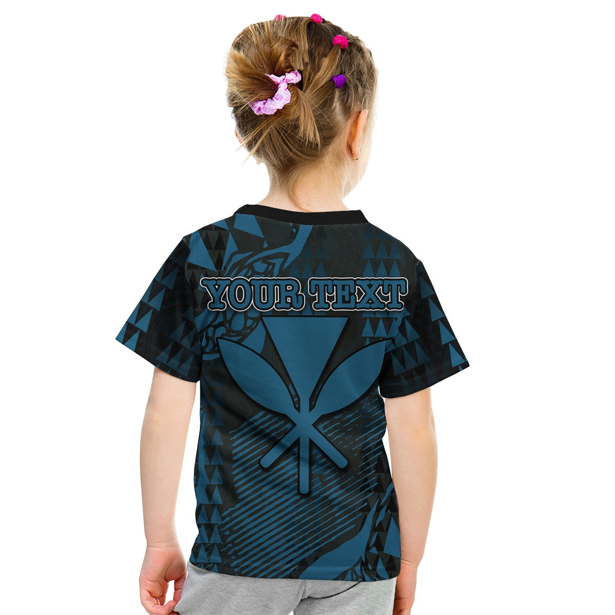 Kid T-shirt back with “YOUR TEXT” over Hawaii Kanaka map graphic in blue