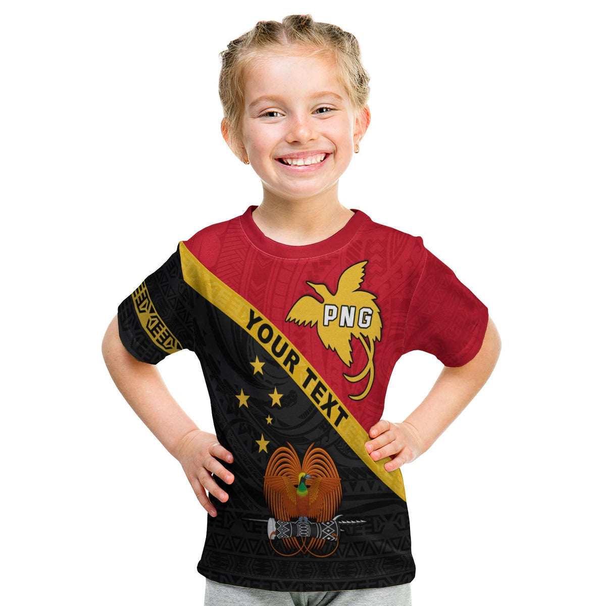 Kinderrugby-T-Shirt rot mit PNG-Logo und gelb-schwarzem Schrägstreifen