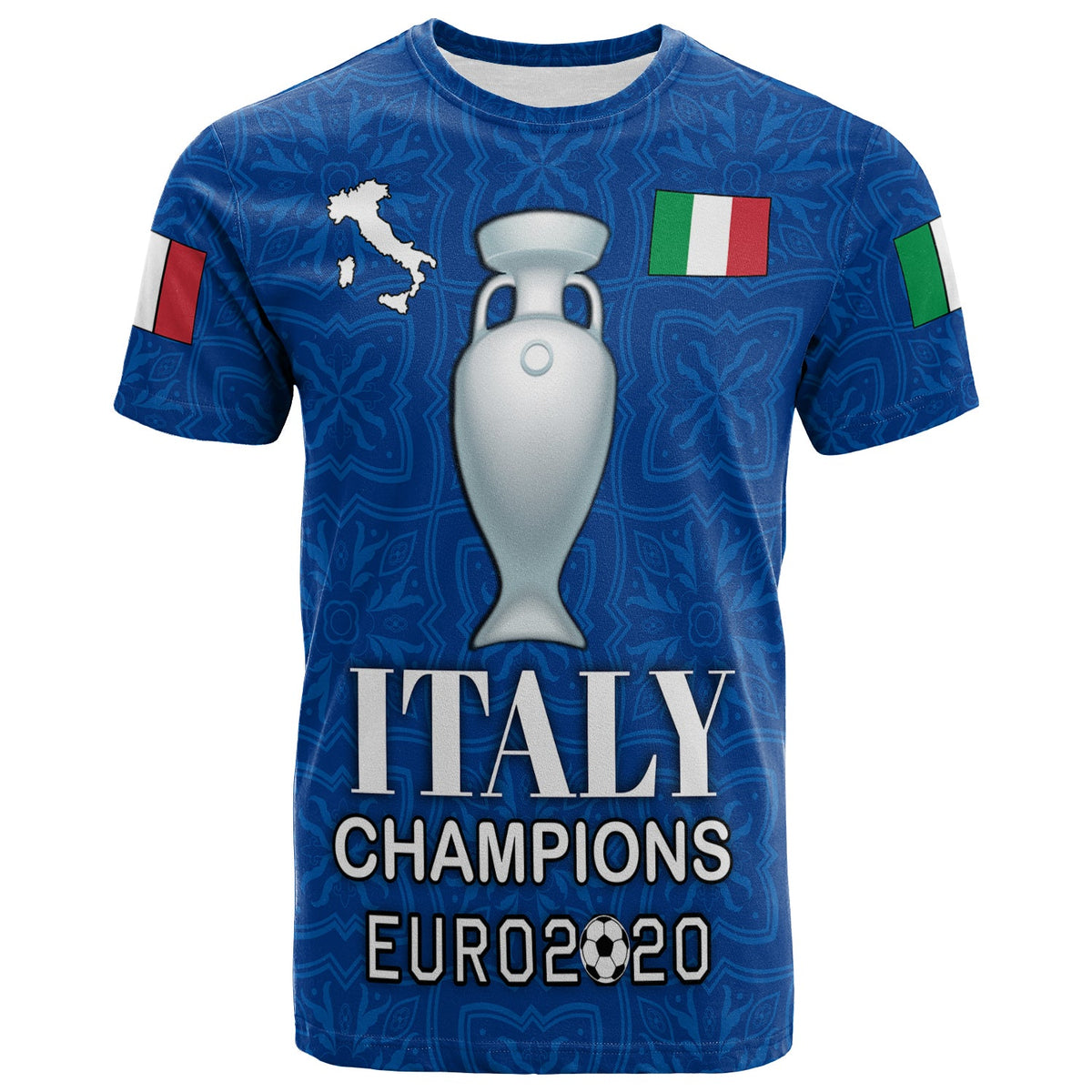 Blue Italy T-shirt with trophy, Italy map, flag sleeve patches, and EURO 2020 text