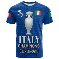 Blue Italy T-shirt with trophy, Italy map, flag sleeve patches, and EURO 2020 text